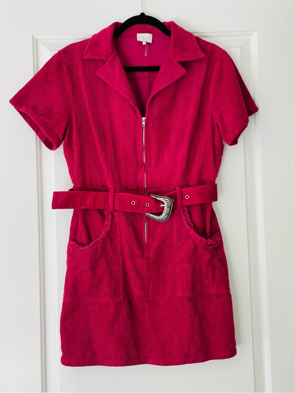 entro Fuchsia Corduroy Zip-Belt Mini Dress